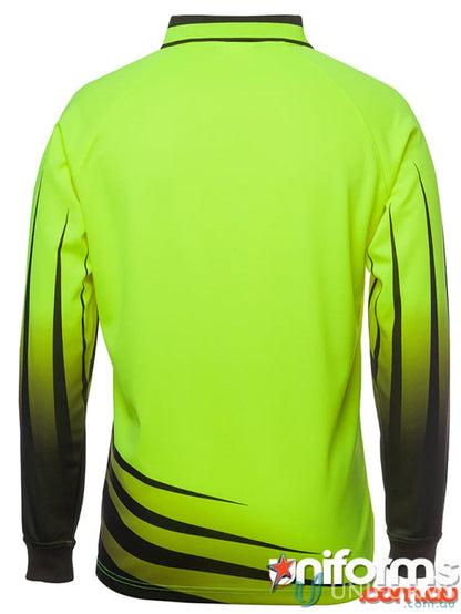 Neon yellow JB’S Hi Vis L/S Rippa Sub Polo workwear with black accents and durable fabric