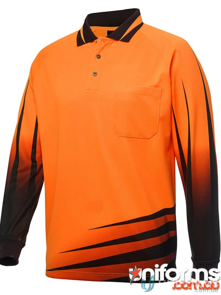 Orange JB’S Hi Vis L/S Rippa Sub Polo workwear shirt with black accents and fabric details