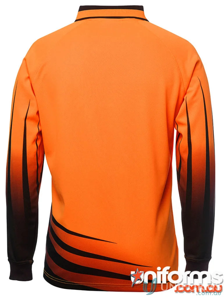 Orange long-sleeved polo shirt with black stripes and fade to black sleeves for workwear and uniforms