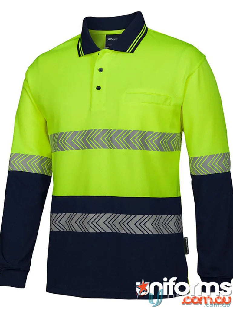 JB’s Hi Vis L/S Segmented Tape Polo fabric long sleeve uniform with reflective stripes