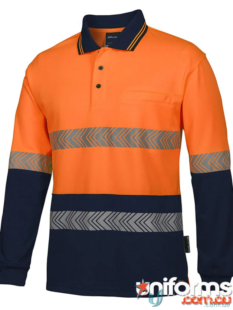 Orange and navy blue JB’s Hi Vis L/S Segmented Tape Polo shirt with reflective stripes and fabric details