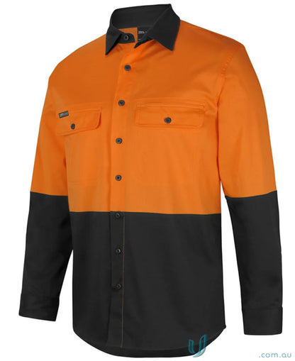 Orange and black JB S Hi Vis L S Stretch Work Shirt for work uniforms and daytime safety