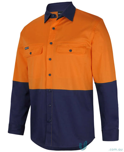 Orange and blue JB’S Hi Vis L/S Stretch Work Shirt with two-piece collar for daytime safety