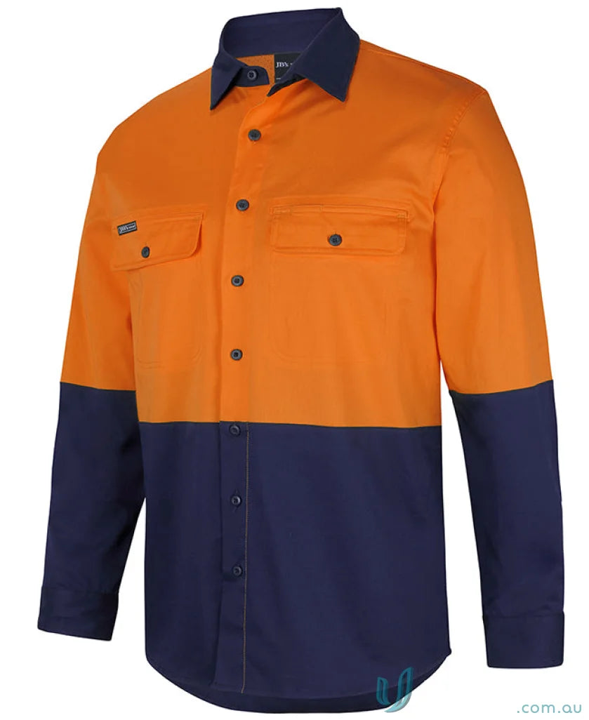 Orange and blue JB’S Hi Vis L/S Stretch Work Shirt with two-piece collar for daytime safety