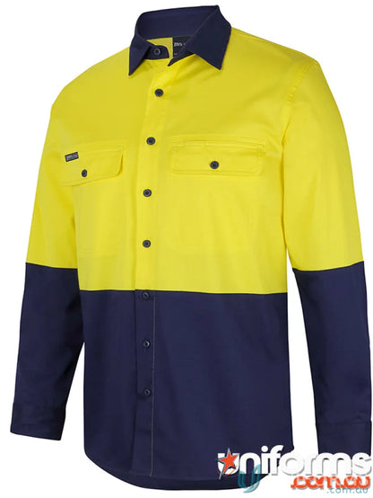 Two-tone work shirt with two-piece collar from JB’S Hi Vis L/S Stretch Work Shirt for daytime safety