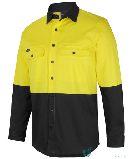 Yellow and black JB’S Hi Vis L/S Stretch Work Shirt with two-piece collar for daytime safety