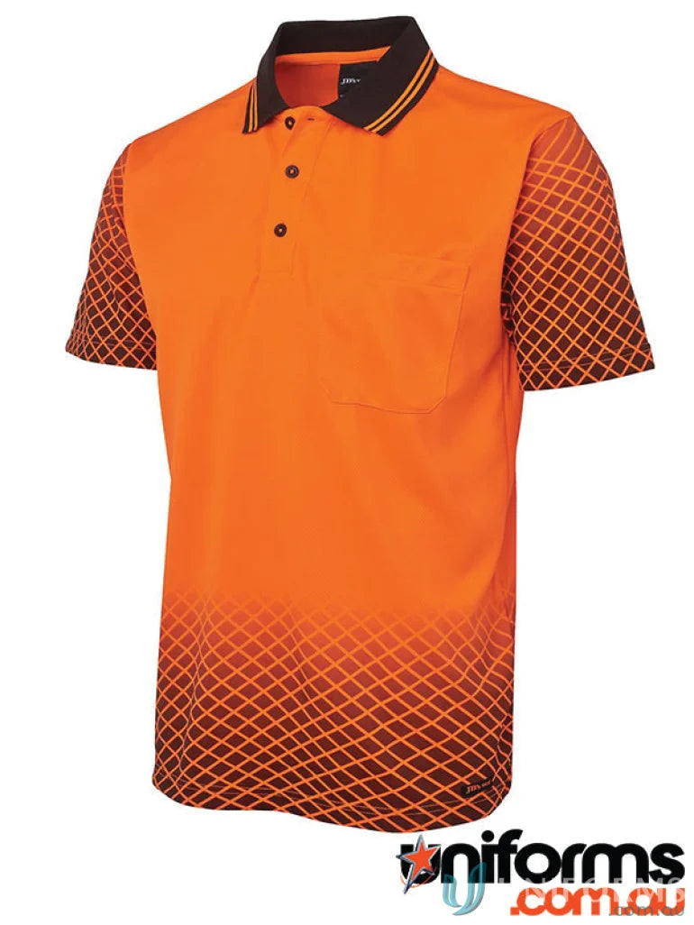 Orange polo shirt with patterned sleeves and hem ideal for workwear and uniforms