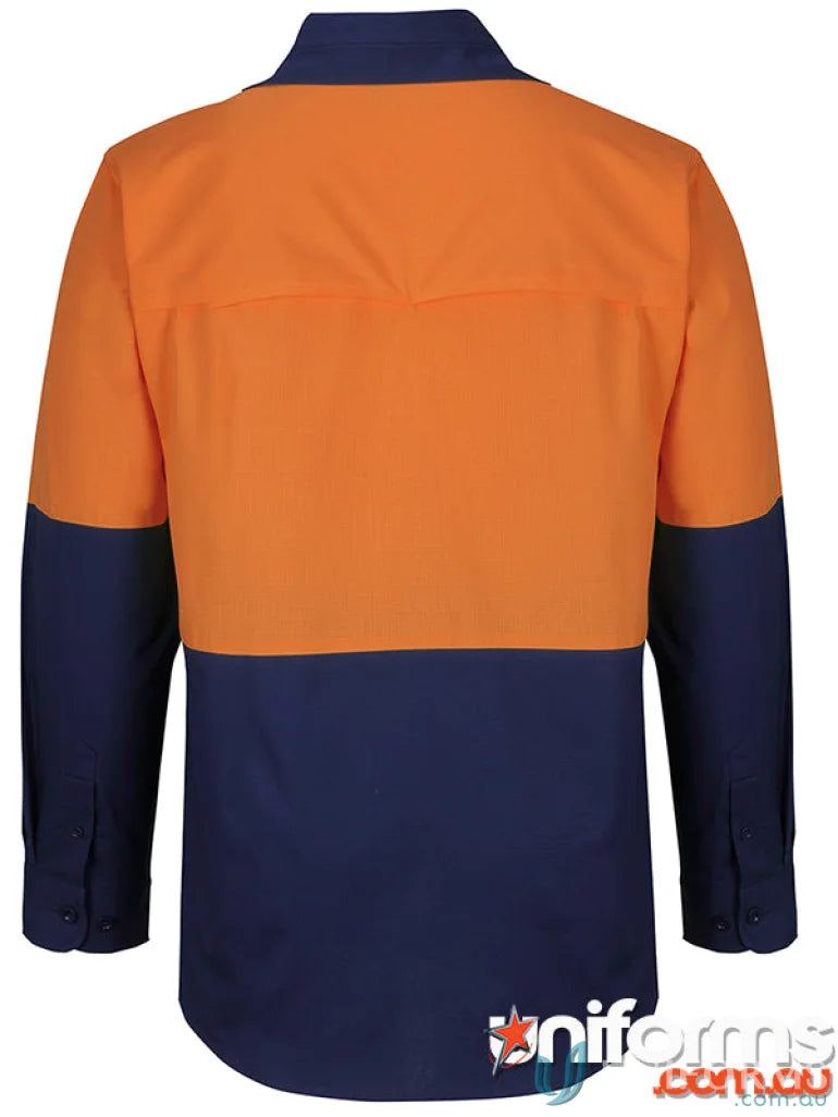 JB’S HI VIS Ripstop L/S Fishing Shirt with two-tone contrast panels and two-piece collar