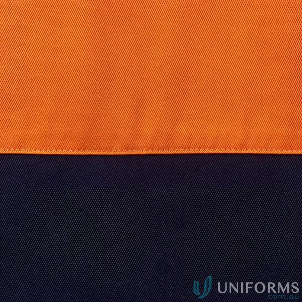 Orange and navy blue work uniforms fabric with visible seam for JB’s HI VIS S/S Shirt