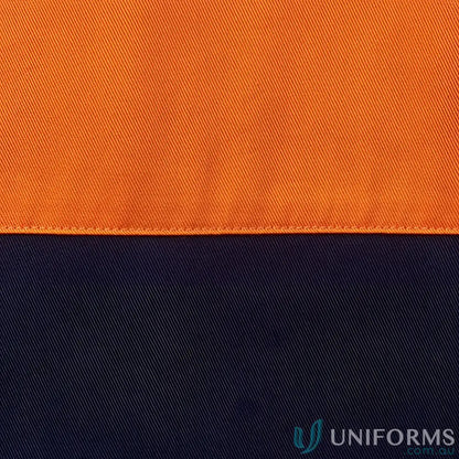 Orange and navy blue work uniforms fabric with visible seam for JB’s HI VIS S/S Shirt