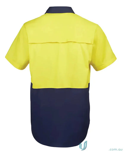JB’s HI VIS S/S 150G Shirt in yellow and navy for work uniforms and sizing specs