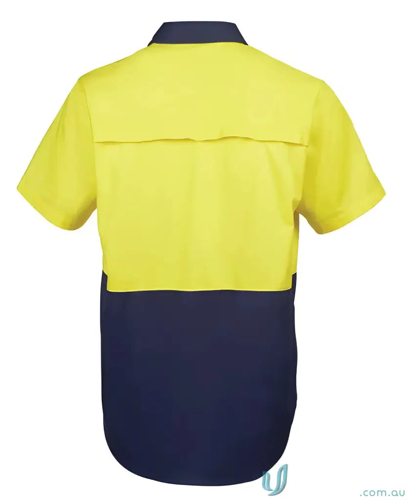 JB’s HI VIS S/S 150G Shirt in yellow and navy for work uniforms and sizing specs