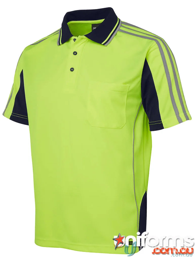 High-visibility polo shirt with reflective stripes, ideal fabric for workwear uniforms