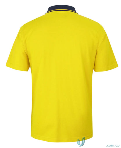 Bright yellow NZS workwear polo shirt with dark blue collar and yellow stripe