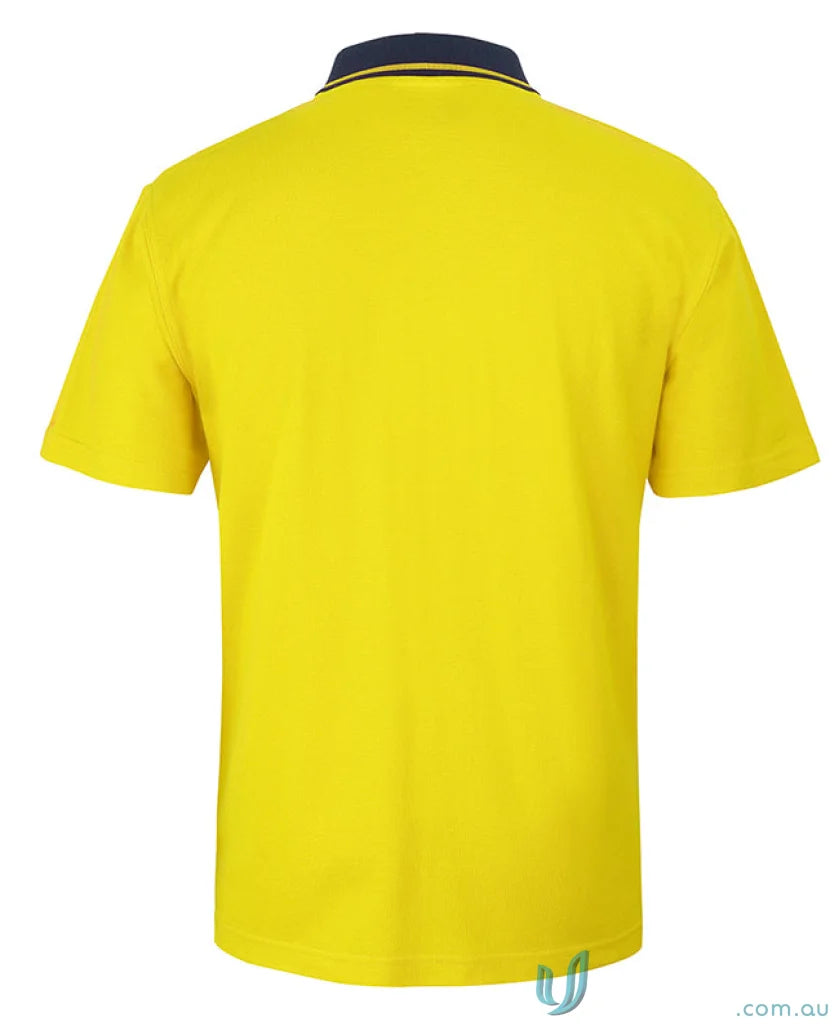 Bright yellow NZS workwear polo shirt with dark blue collar and yellow stripe