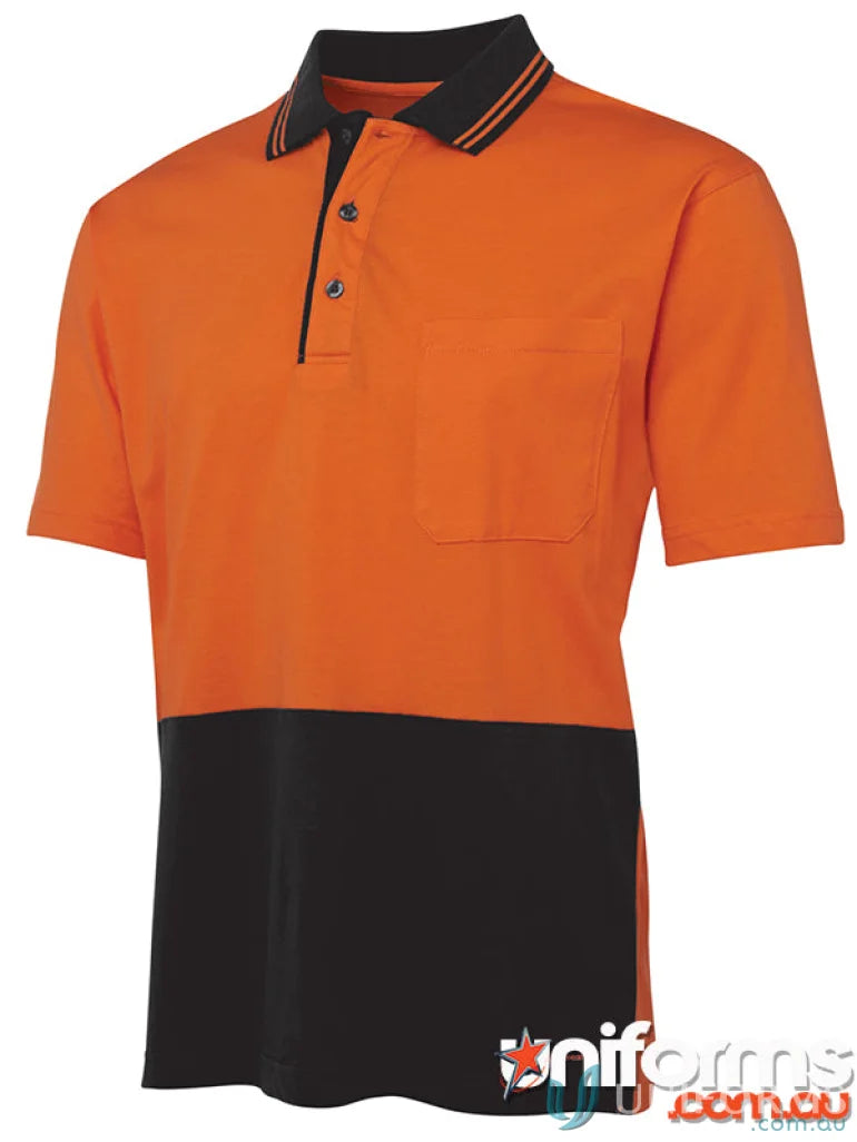 Orange and black short-sleeved polo shirt from JB’S Hi Vis S/S Cotton Polo, perfect workwear and uniforms