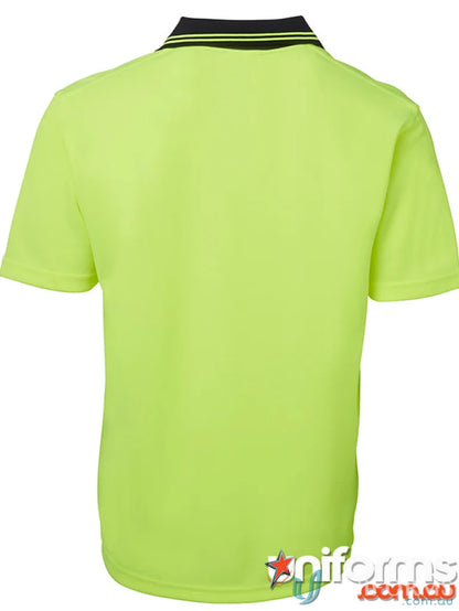 Lime green JB’s Hi Vis S/S Non Button Polo shirt, comfortable workwear fabric for uniforms