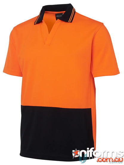 Orange and black two-tone JB’s Hi Vis S/S Non Button Polo fabric workwear uniform