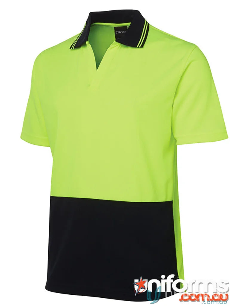 JBs Hi Vis S/S Non Button Polo workwear shirt in neon yellow and black fabric