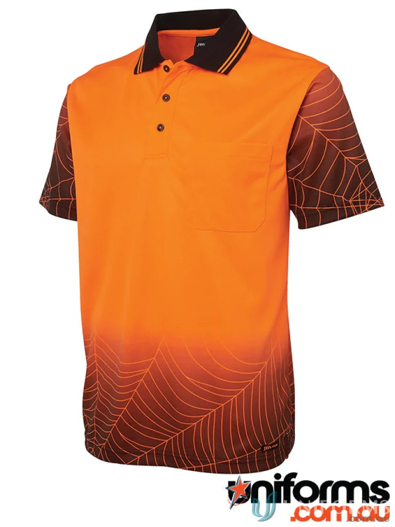 Orange polo shirt with spiderweb design from JBs Hi Vis S/S Web Polo workwear fabric