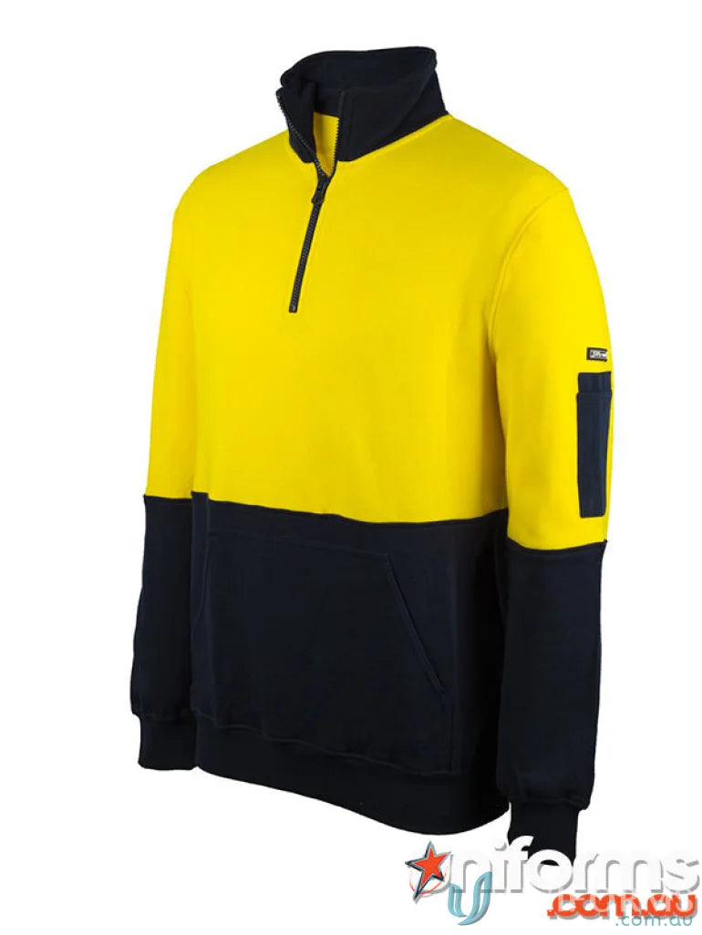Two-tone yellow and navy blue JB’S HiVis 310 workwear fleece with pocket for uniforms