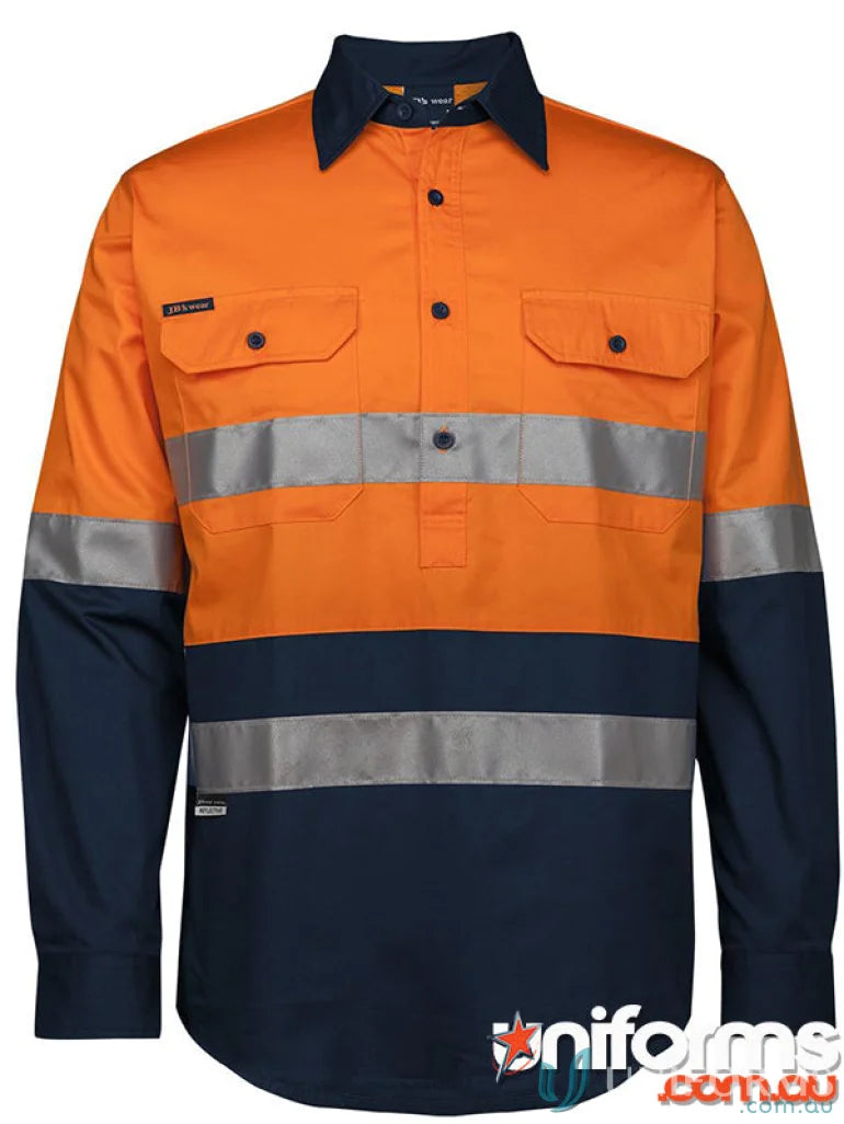 Orange and navy blue work polo shirt with reflective stripes and chest pockets for uniforms