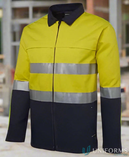 Yellow and navy blue high-vis work jacket from JBs HiVis D+N cotton uniforms