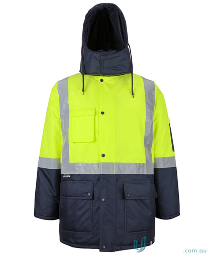 High-visibility hooded work jacket with detachable hood and UPF protection for extra warmth