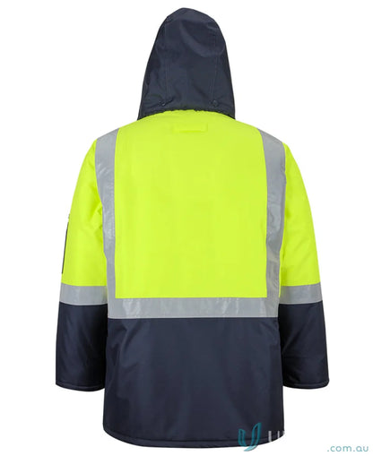 High-visibility hooded work jacket with detachable hood and UPF protection for extra warmth
