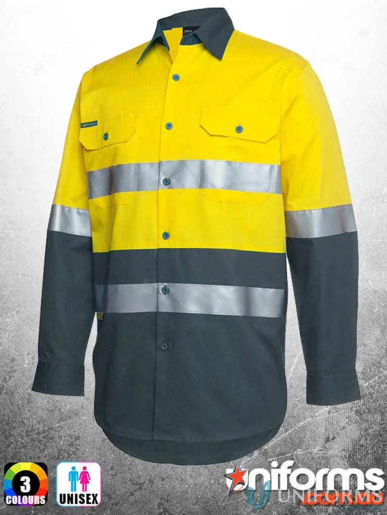 Yellow and gray long-sleeved work shirt from JBs HiVis NZS workwear uniforms