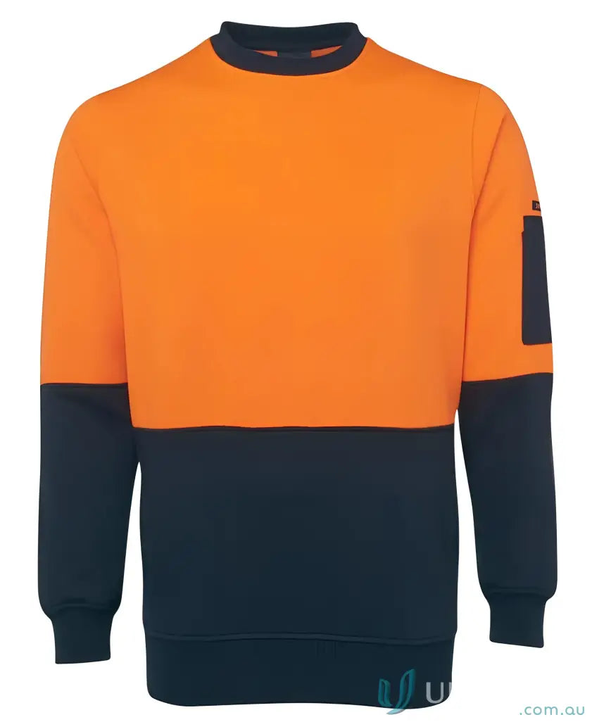 Orange and navy blue JBs Hivis Fleecy Crew Neck Jumper with a sleeve pocket