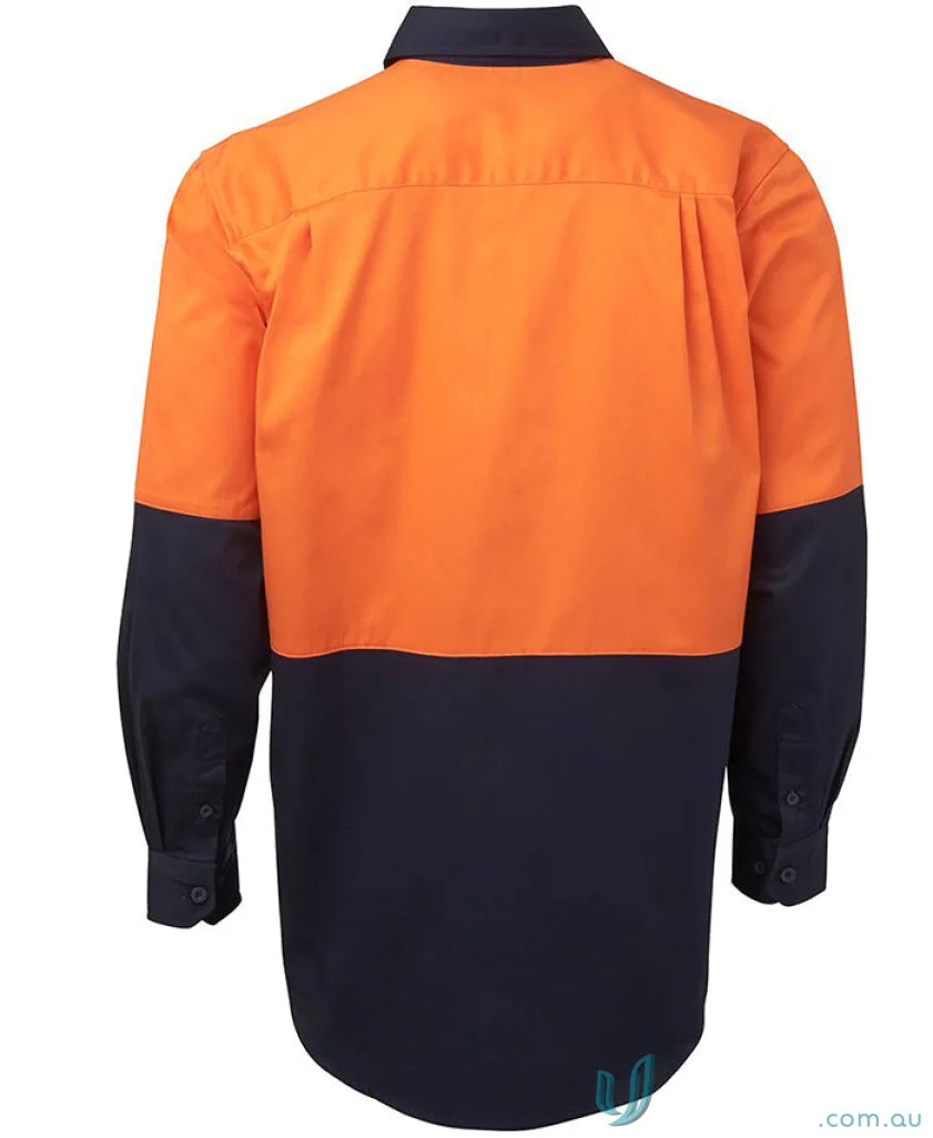 Orange and navy blue work shirt from JBs HiVis L/S 190g uniform, ideal for NZS workwear