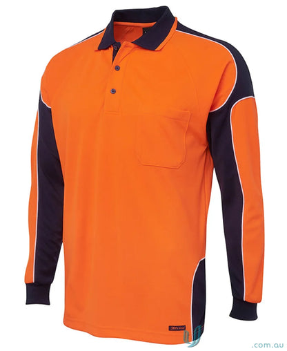 Orange navy long-sleeved polo shirt JBs HiVis L/S Arm Panel Polo fabric NZS 2XS