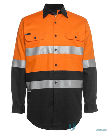 Orange and black high-vis work shirt with reflective tape for workwear, meets Australian safety standards