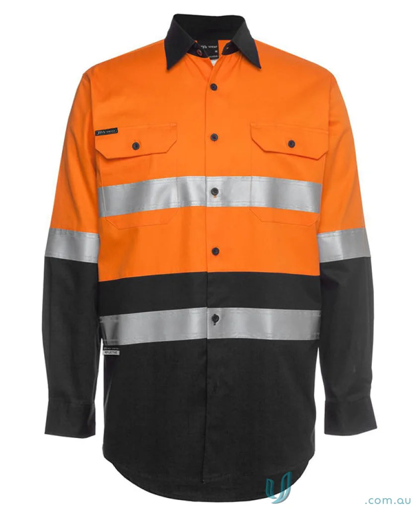 Orange and black high-vis work shirt with reflective tape for workwear, meets Australian safety standards