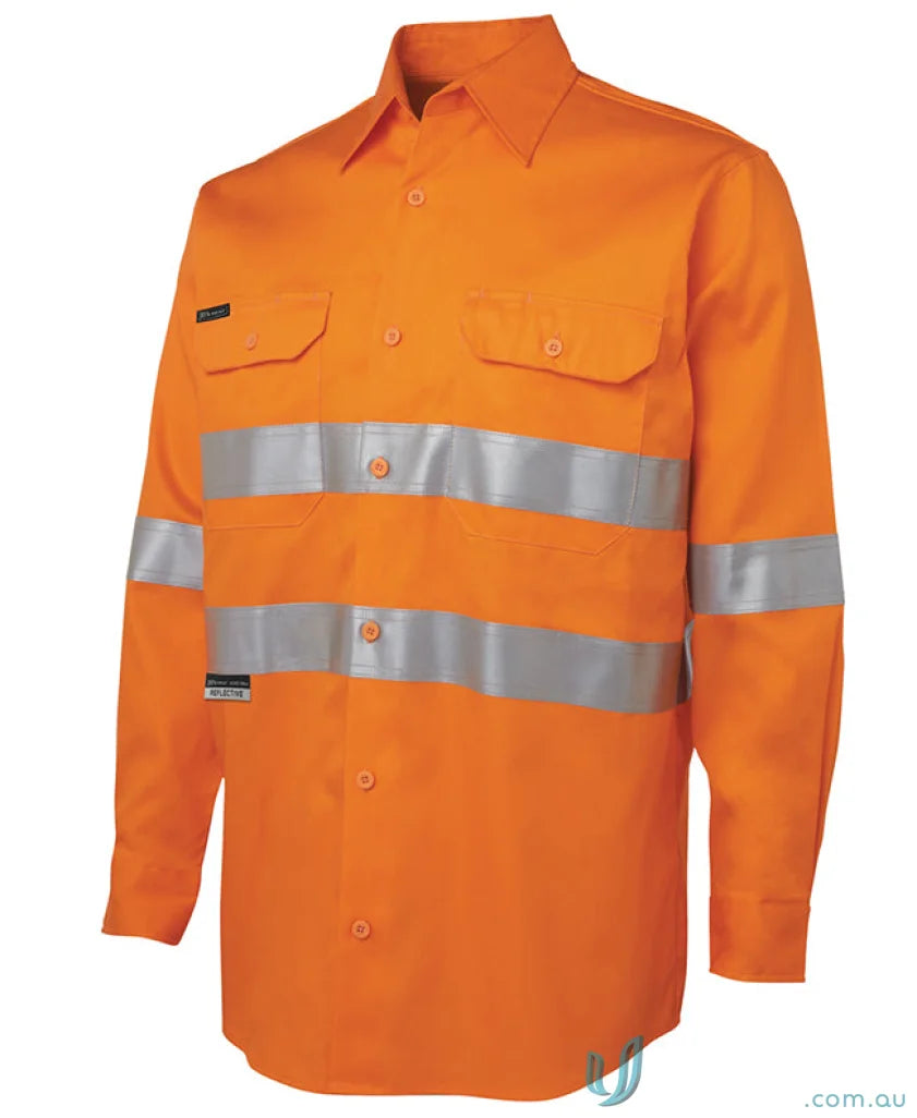 Orange long-sleeved safety shirt with reflective tape for workwear and Australian safety standards