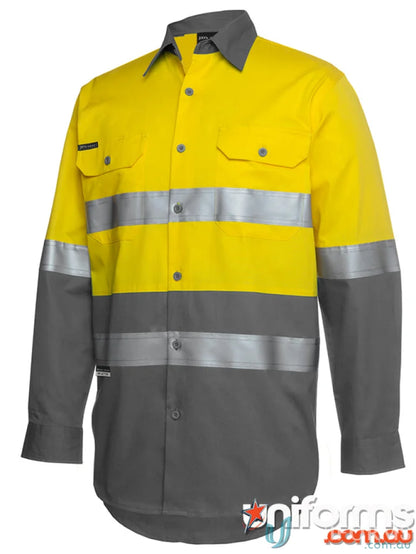 Yellow and gray high-visibility work shirt with reflective tape for workwear and sun protection gear