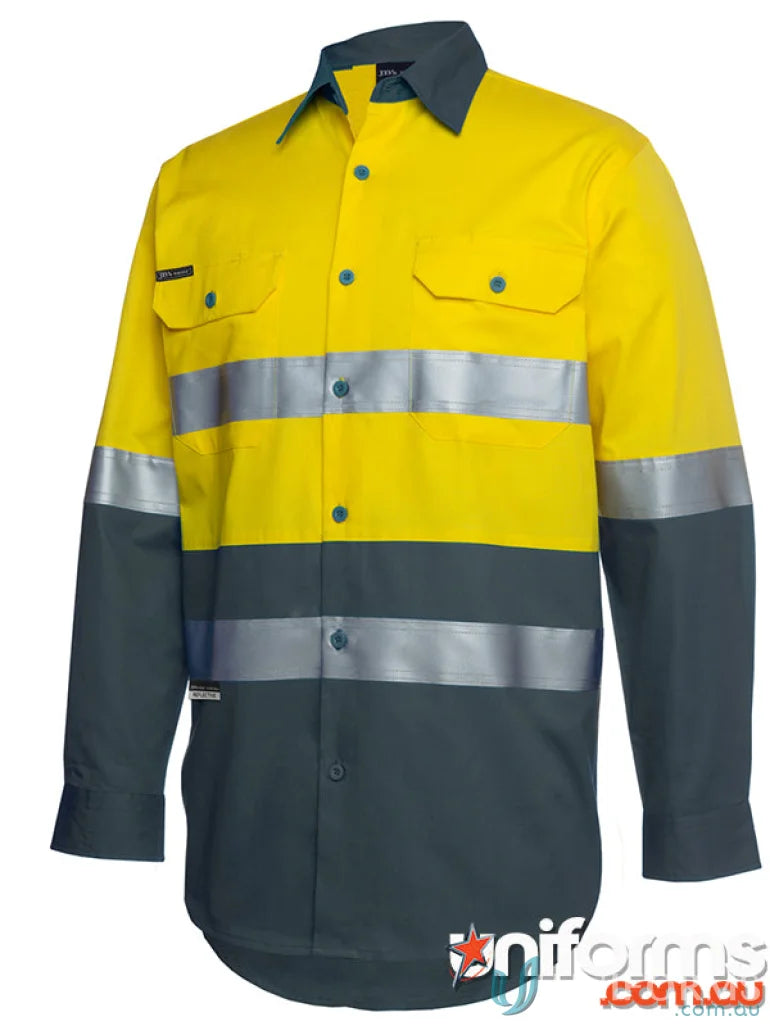 Yellow and gray reflective work shirt meets Australian safety standards with reflective tape for workwear