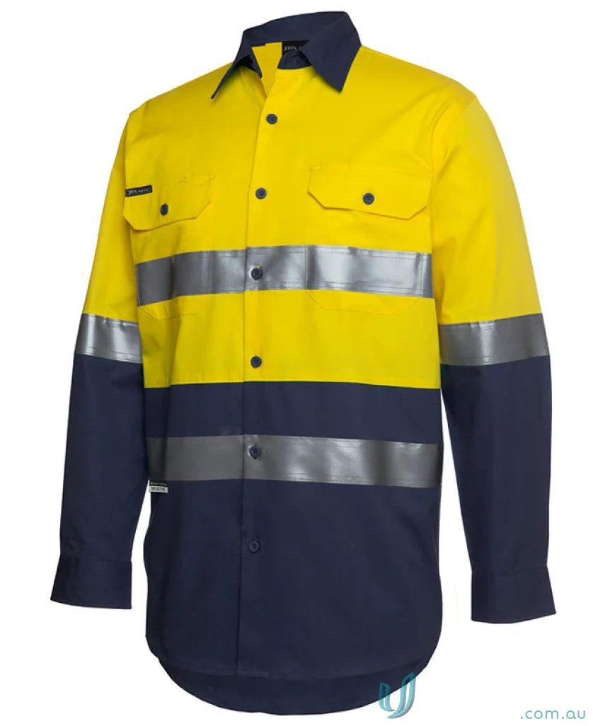 Yellow and navy blue reflective work shirt meeting Australian safety standards perfect for sun protection gear