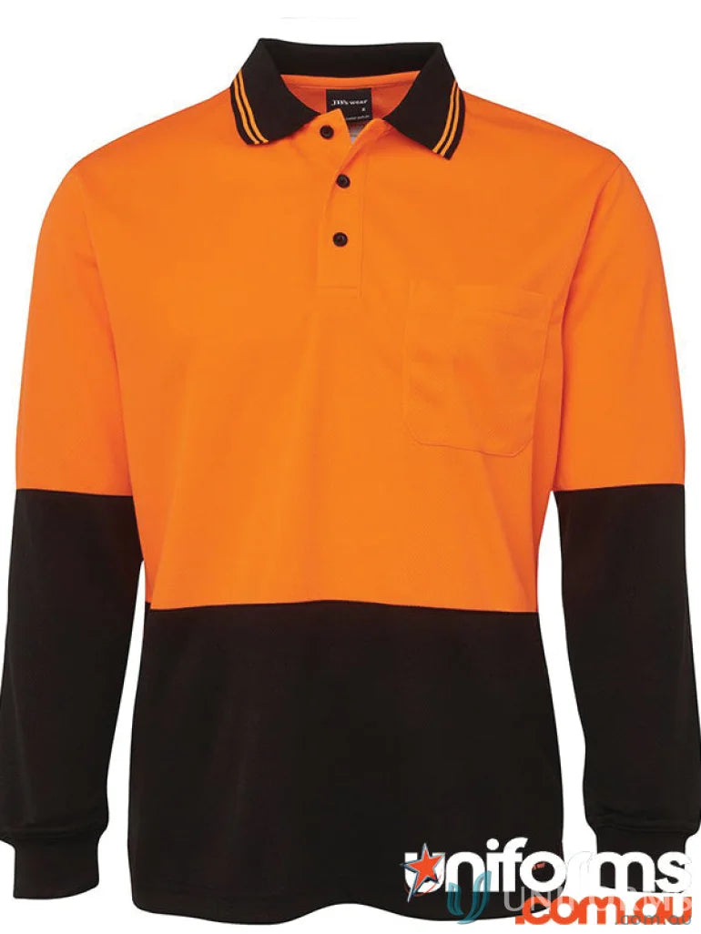 Orange and black long-sleeved polo shirt from JBs HiVis LS Traditional Polo for uniforms
