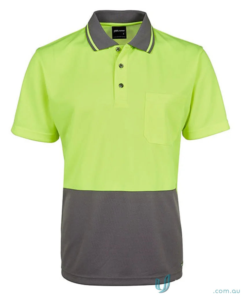 Two-tone safety polo shirt in lime navy or orange navy from JBs HiVis Non Cuff Polo