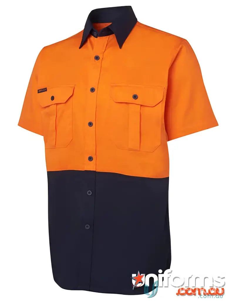 Orange and navy work shirt with stress points, perfect for uniforms and workwear