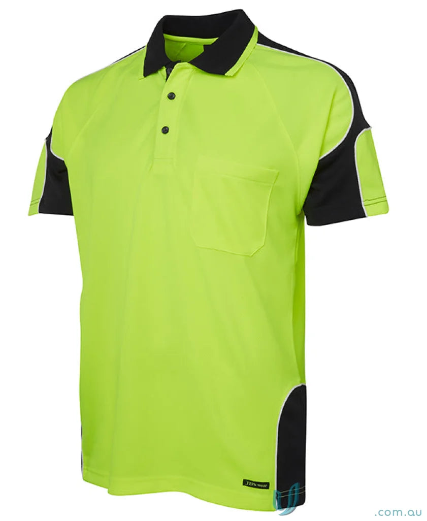 Neon green and black fabric Polo shirt from JBs HiVis S/S Arm Panel Workwear collection