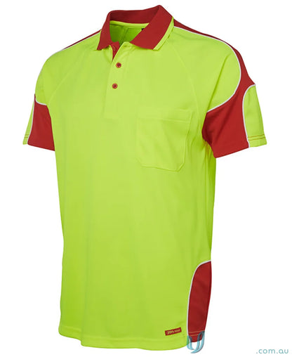 Neon yellow and red Polo Shirt from JBs HiVis S/S Arm Panel Polo, ideal workwear fabric
