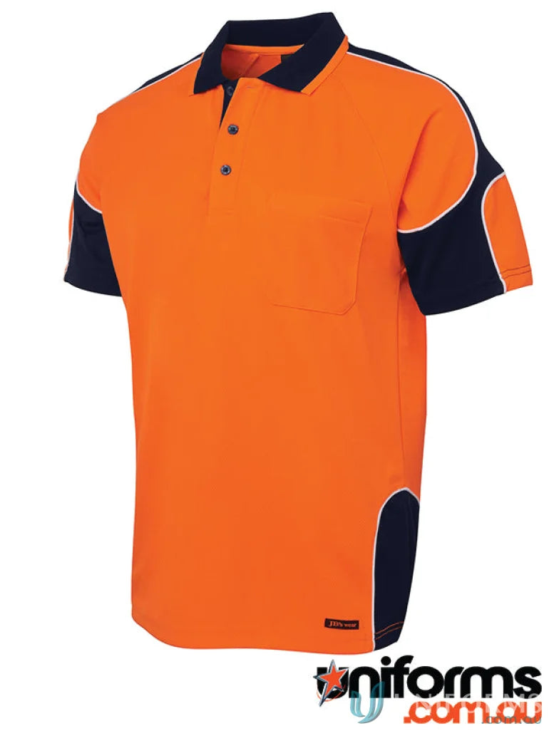 Orange and navy blue polo shirt made from durable fabric, perfect for workwear uniforms