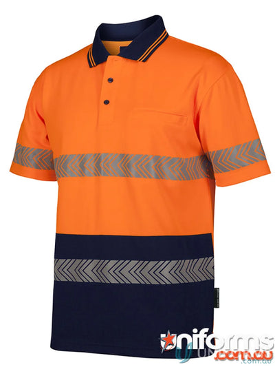 Orange and navy blue safety polo shirt with fabric pockets for work uniforms