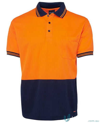 Two-tone orange and navy fabric polo shirt in JB’s HiVis S/S Traditional Polo, size 2XS with lime accents