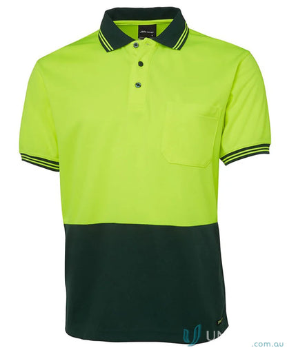 Two-tone safety polo shirt in lime fabric, perfect for 2XS size at JBs HiVis S/S Traditional Polo