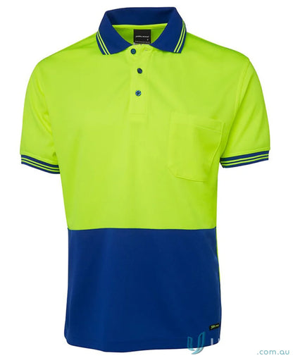 Two-tone lime safety polo shirt in fabric for 2xs size from JBs HiVis S/S Traditional Polo