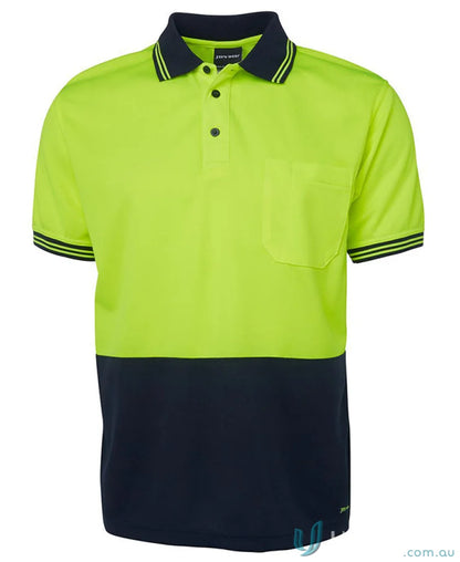 Two-tone safety polo shirt in lime fabric, perfect for 2XS size from JBs HiVis S/S Traditional Polo